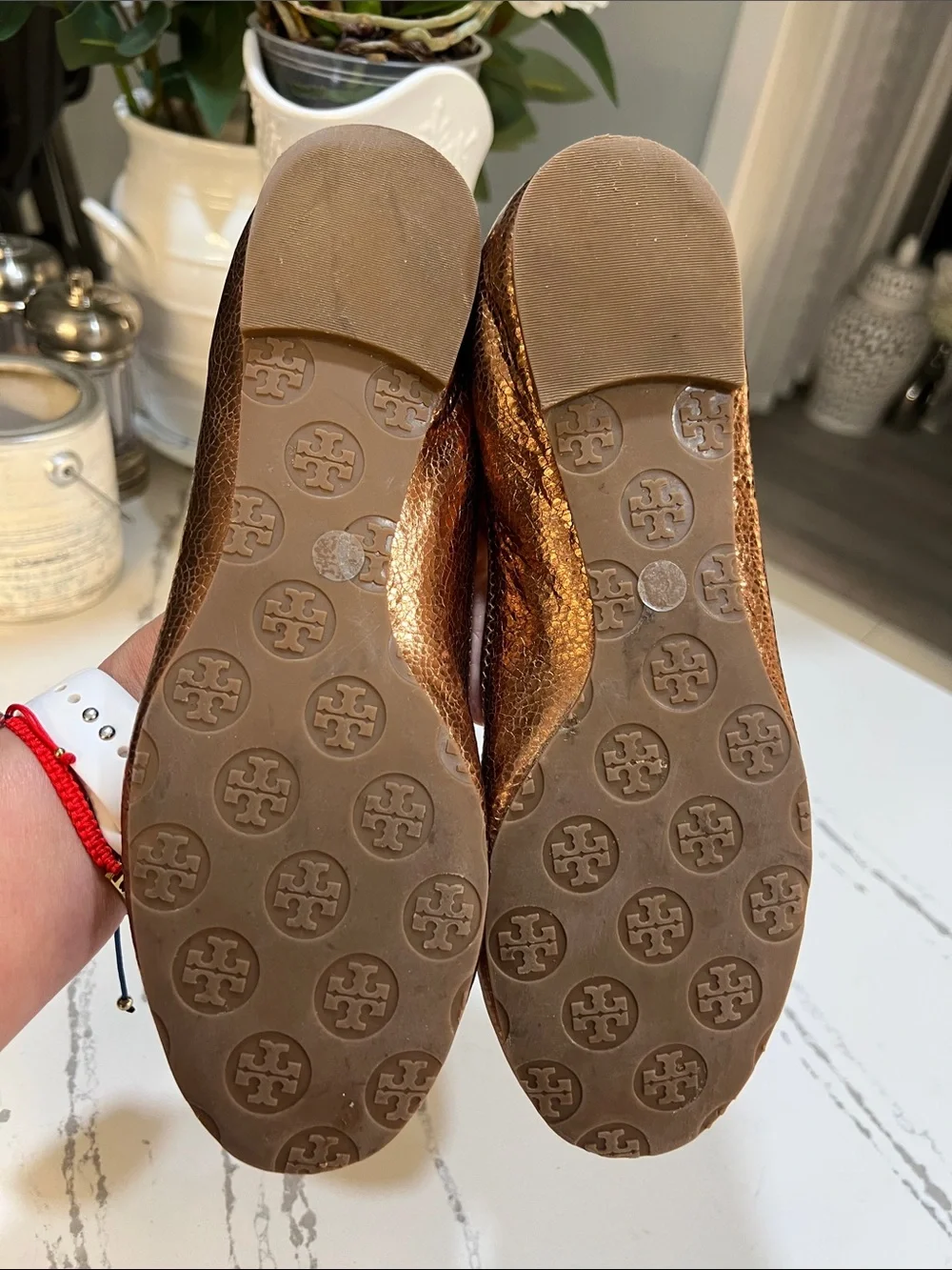 Tory Burch Reva Bronze Metallic Logo Ballet Flats Crackle Leather size 8.5